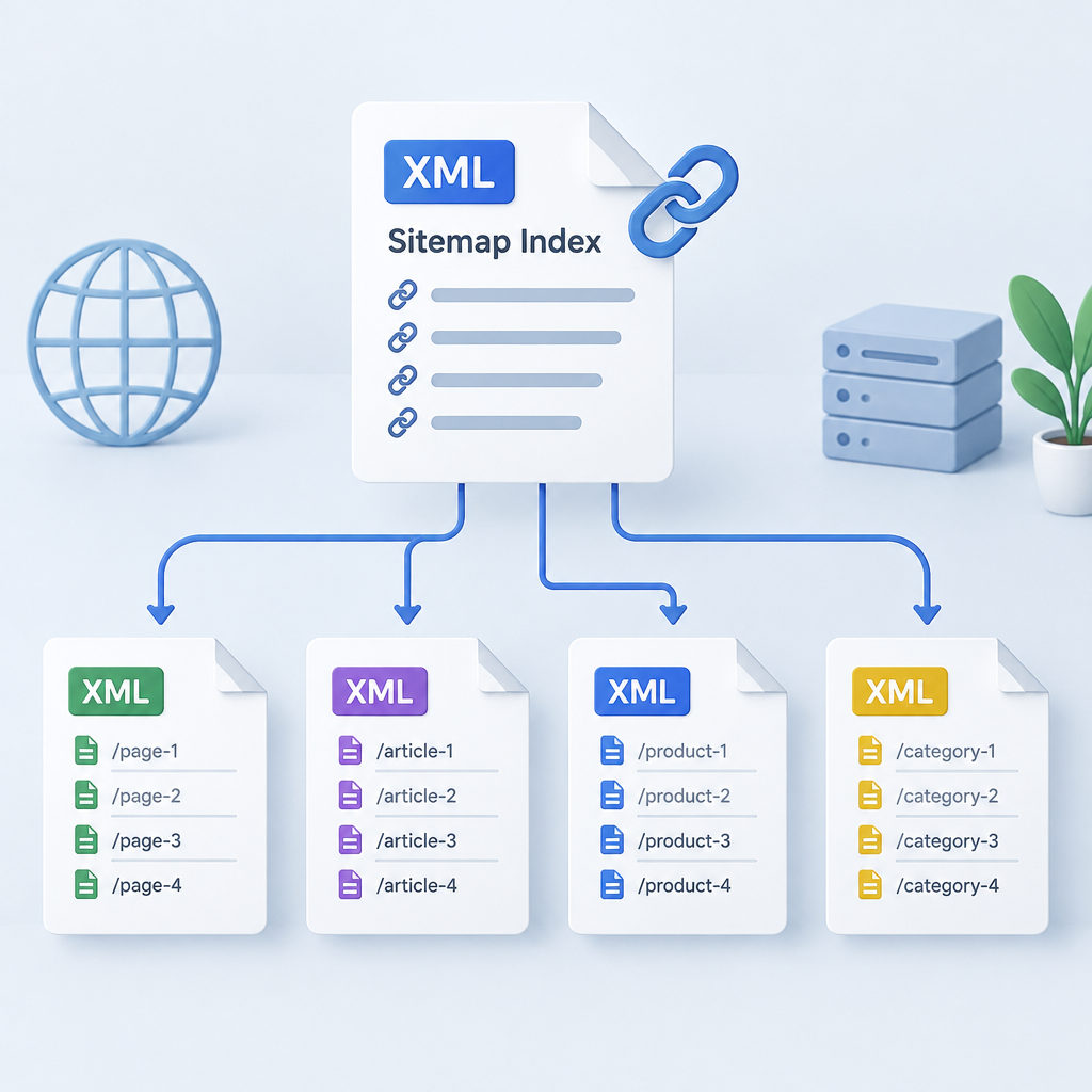 AI 생성 설명 이미지: AEO 세팅해주는곳 AI SGAEO | XML 사이트맵 인덱스와 개별 파일의 관계